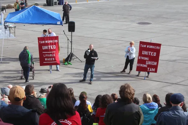 TAM Workers United members at their first rally in October 2023
