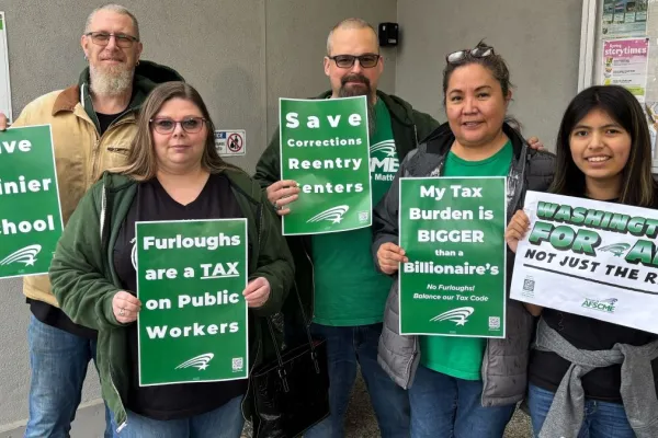 members holding no furloughs and Washington for All signs