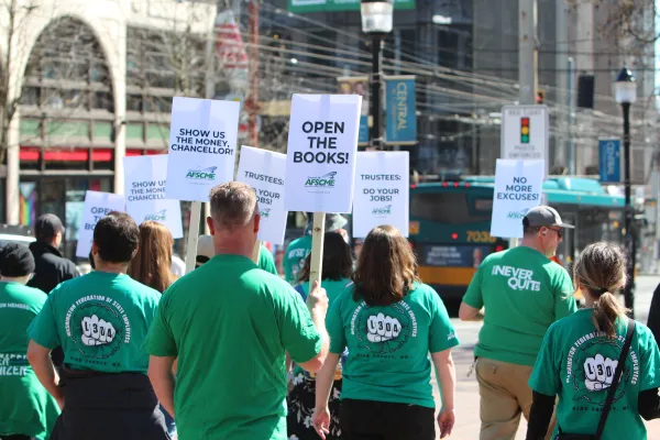 WFSE Members at Seattle Community Colleges march at an informational picket.