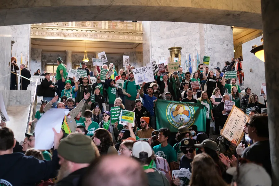 WFSE members and allies protesting in the state capitol building