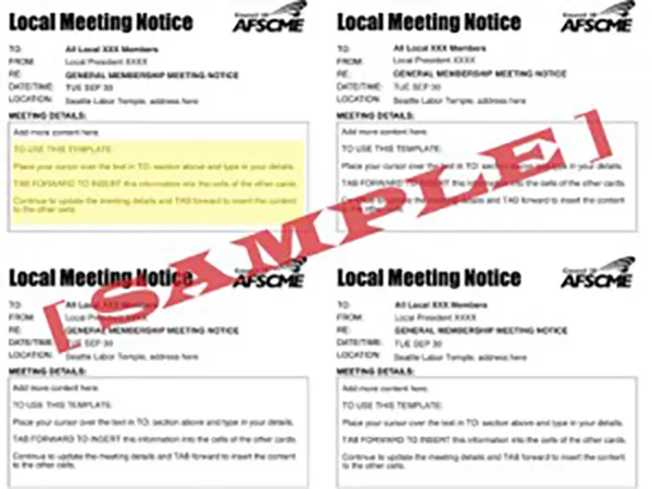 Photo of Local Meeting Notice templates with "SAMPLE" across the front