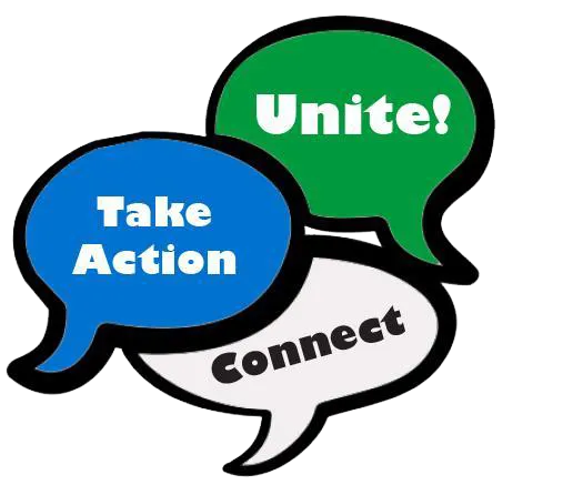 Three speech bubble graphics that say "Unite!" "Take Action" and "Connect"