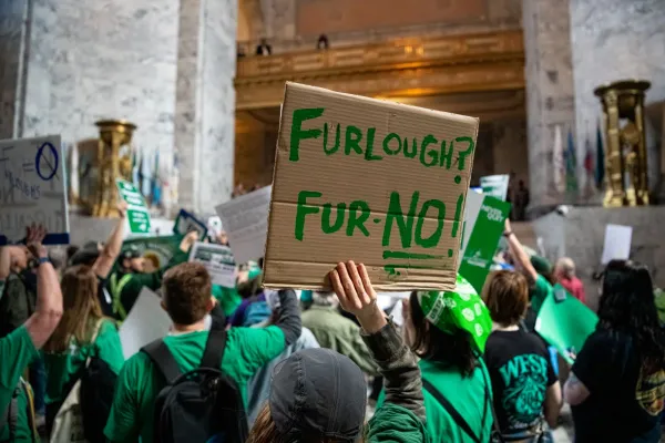 WFSE members rallying against furloughs in the capitol building.