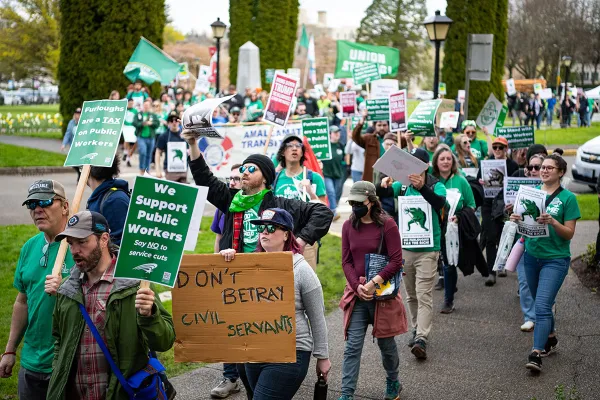 A photograph of WFSE members rallying at the Washington Capitol