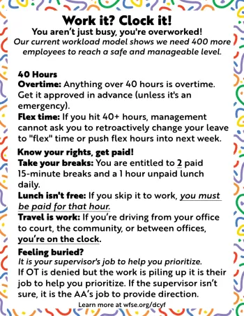 Fun flyer outlining breaks, overtime, flex time, and more