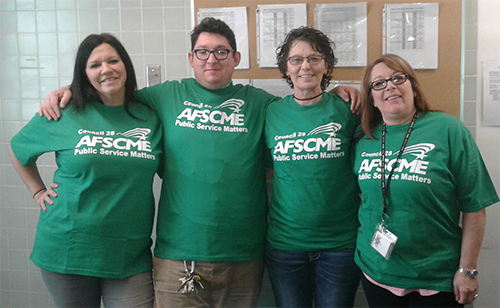 ABHS Members in Chehalis show their solidarity and proudly sport their 100% Union shirts in support of a strong contract!   Pictured L-R: April Byrd, Aaron Ristow, Doreen Bartley, and April Grace