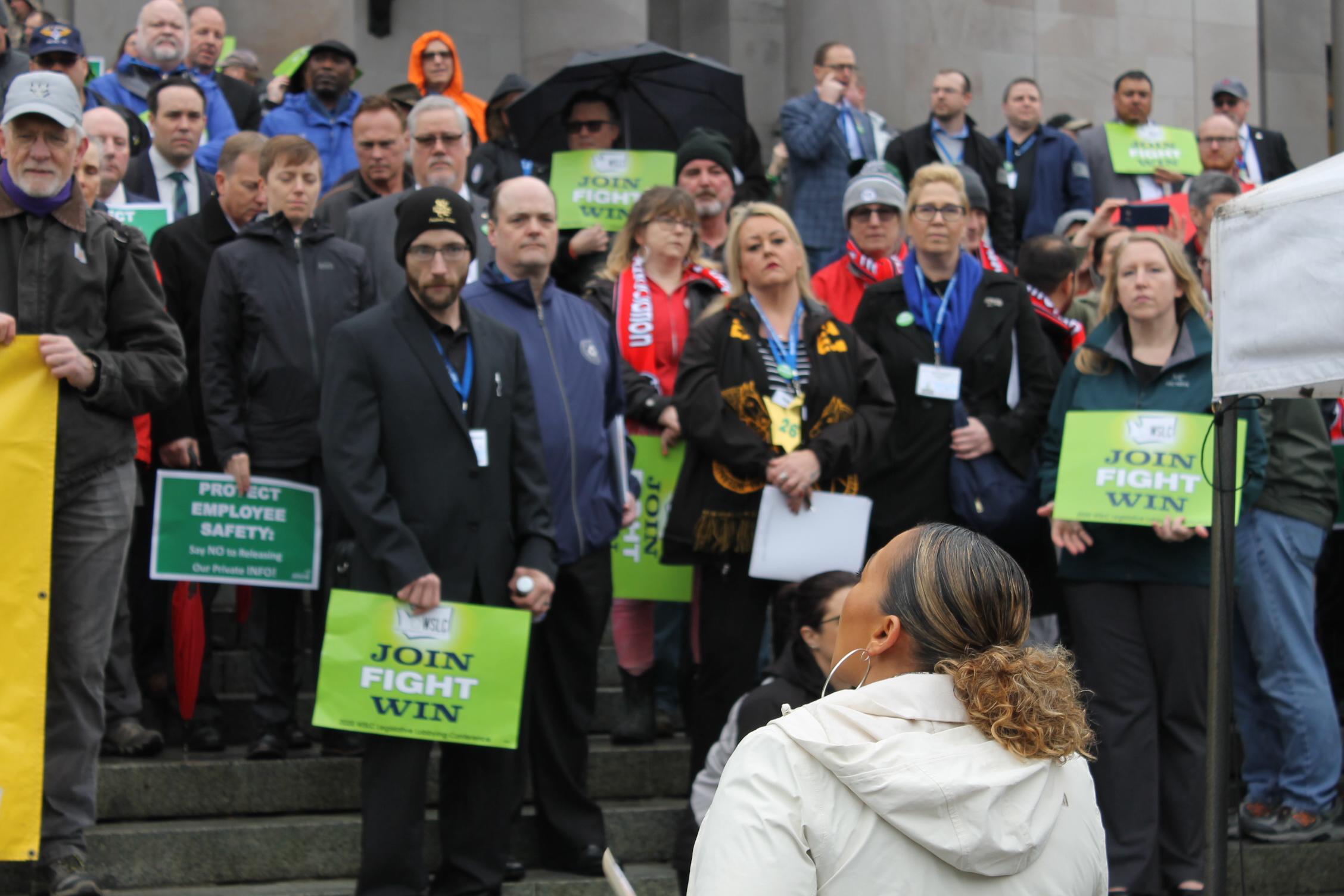 Washington State Labor Council Secretary Treasurer April Sims speaks to the crowd at the HB 1888 rally.